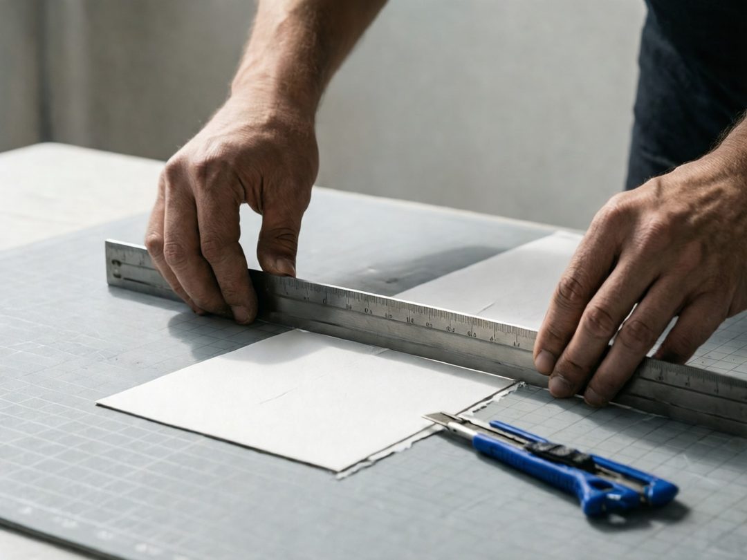 Hands using a metal ruler to align a white sheet of paper on a grey mat.