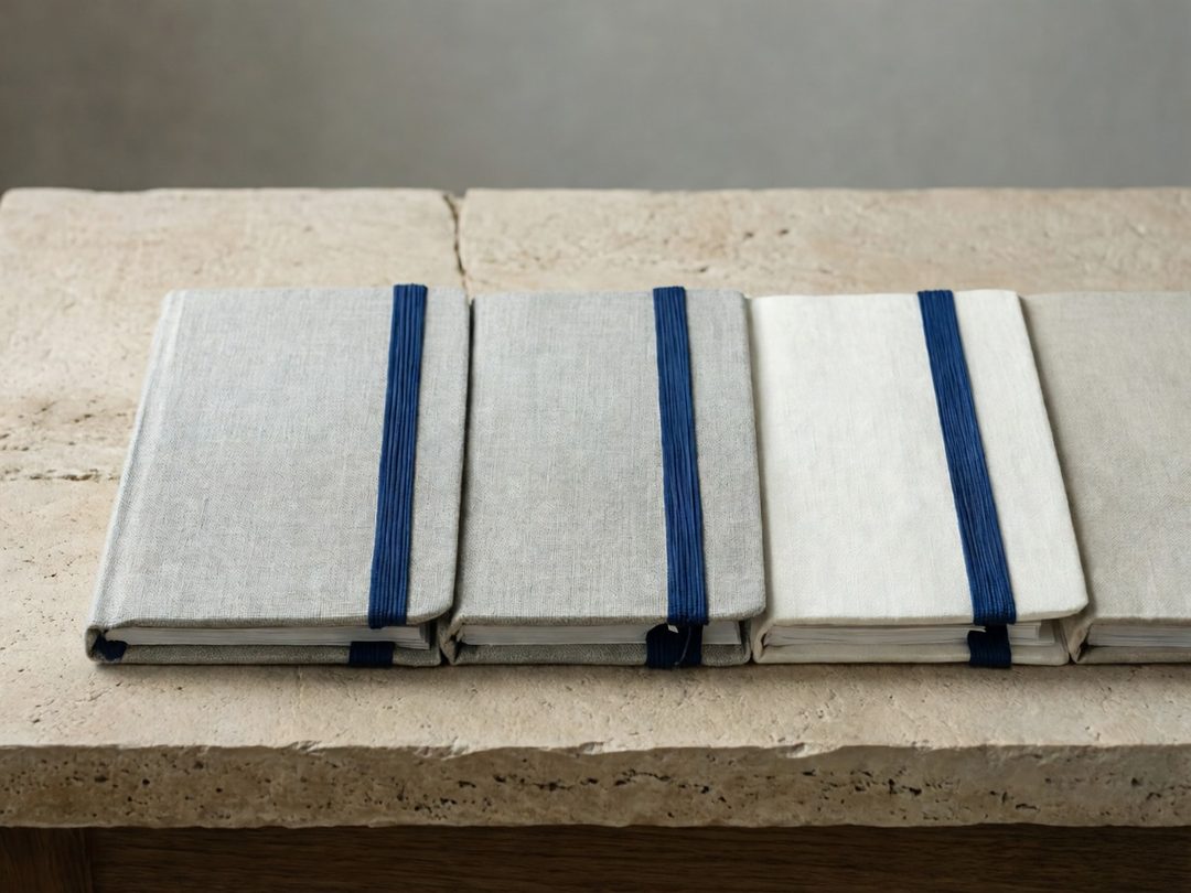 Three clean linen document folders secured with blue elastic cords on a stone counter.