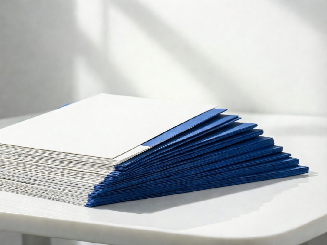 A fanned stack of thick white cards interleaved with bright blue paper.