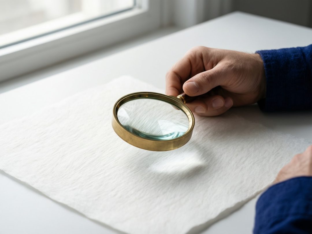 A hand holding a magnifying loupe over a blank sheet of fine cotton paper.